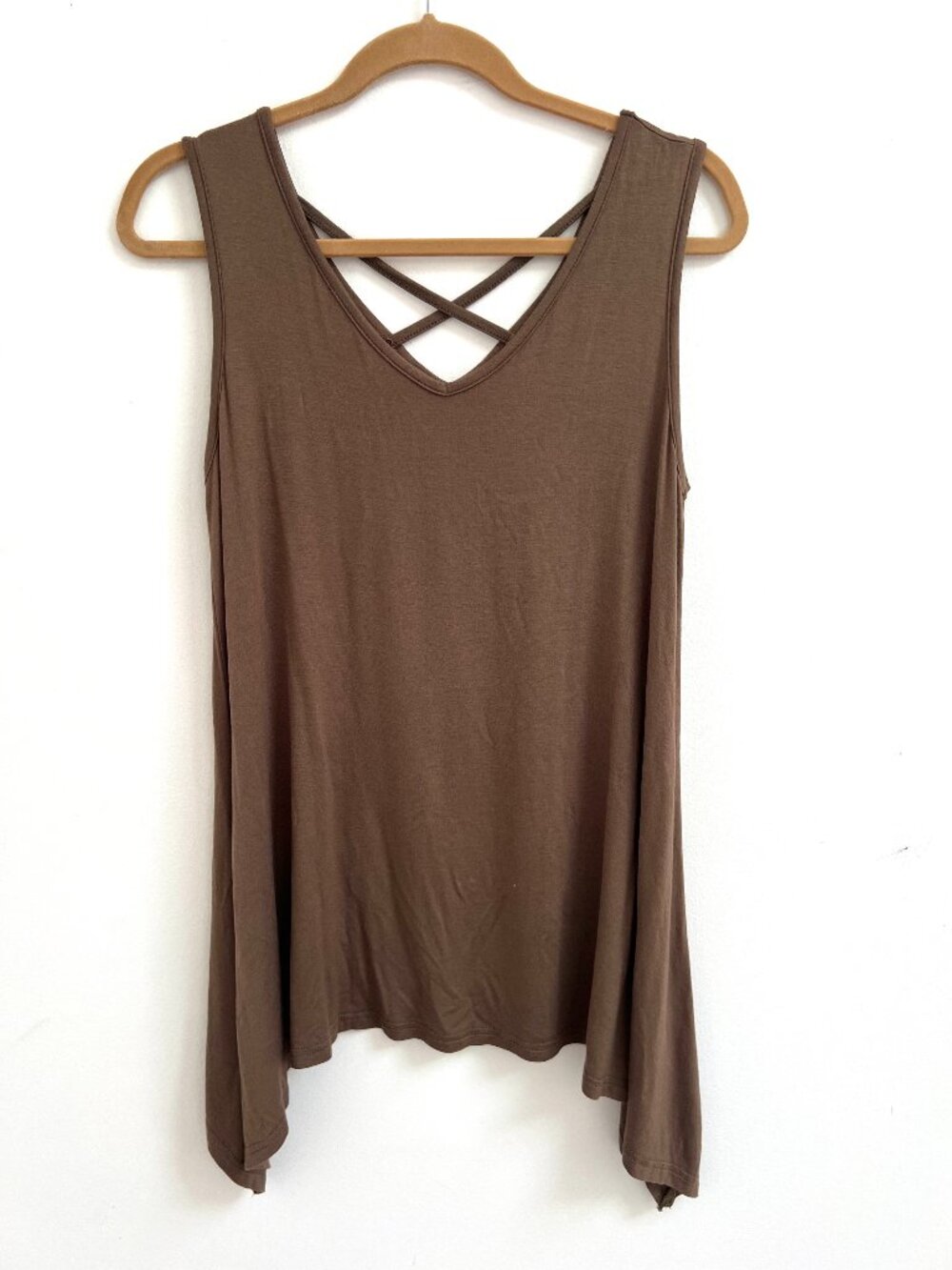 Mocha Brown Criss Cross V Neck Sharkbite Hem Cotton Tank Tunic Top One Size